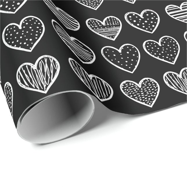 Modern white Hearts on black Happy Valentine's Day Wrapping Paper (Roll Corner)
