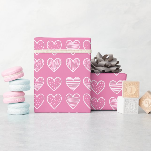 Modern white Hearts on Pink Happy Valentine's Day Wrapping Paper (Baby Shower)