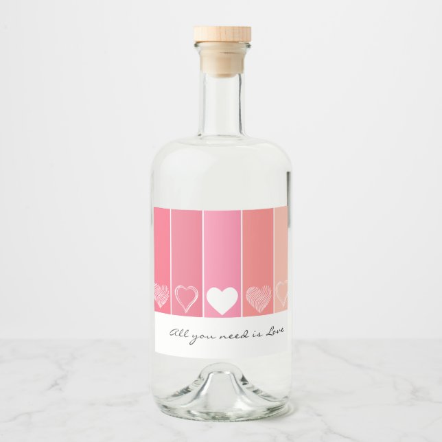Modern white hearts red and pink stripes Valentine Liquor Bottle Label (Front)