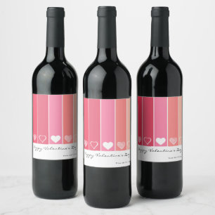 Modern white hearts red and pink stripes Valentine Wine Label