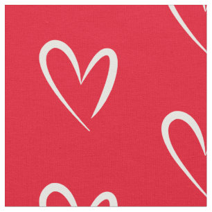 Modern white hearts, Red Background,  Fabric