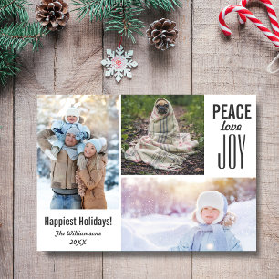 Modern White Holidays Peace Love Joy Photo Collage Holiday Card