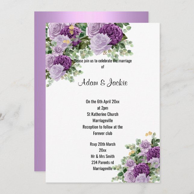 Modern White Lilac Purple floral ELEGANT WEDDING Invitation (Front/Back)