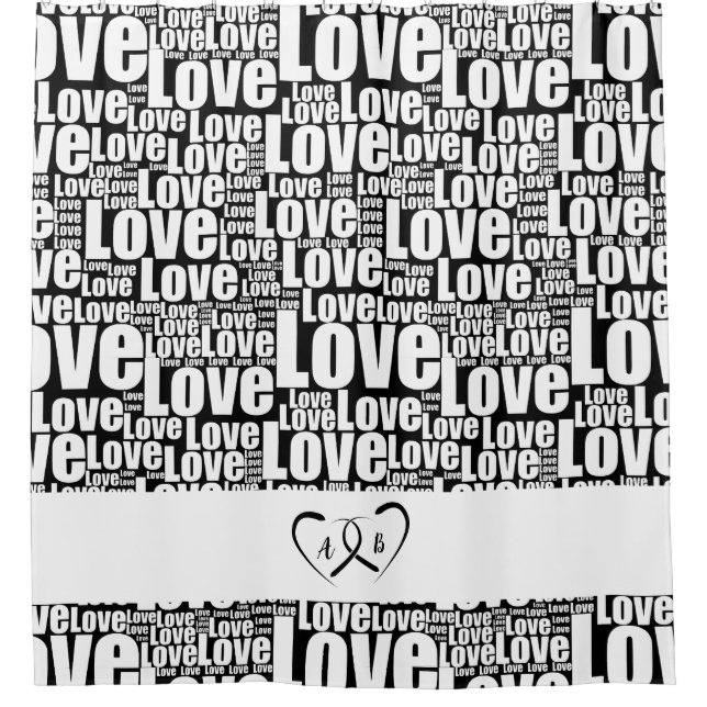 Modern White Love Typography & Entwined Hearts Shower Curtain (Front)