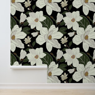 Modern White Magnolia Floral on Black Wallpaper