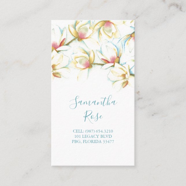 Modern White Magnolia Flower Watercolor Floral Business Card (Front)