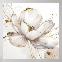 Modern White Magnolia Gold Line Art Floral Wedding