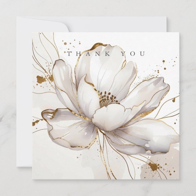Modern White Magnolia Gold Line Art Floral Wedding Thank You Card (Front)