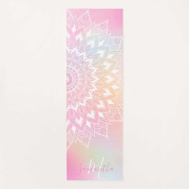 Modern white mandala girly pastel rainbow monogram yoga mat (Front)