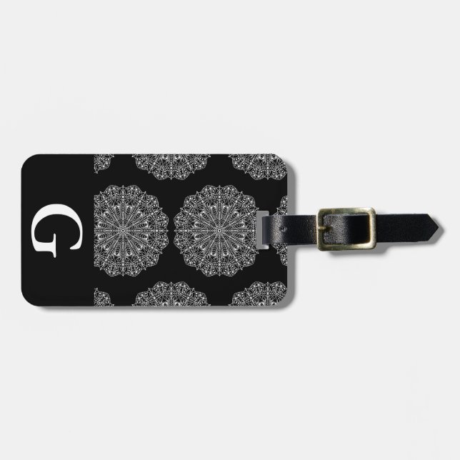Modern White Mandalas Print & Initial Letter Luggage Tag (Front Horizontal)