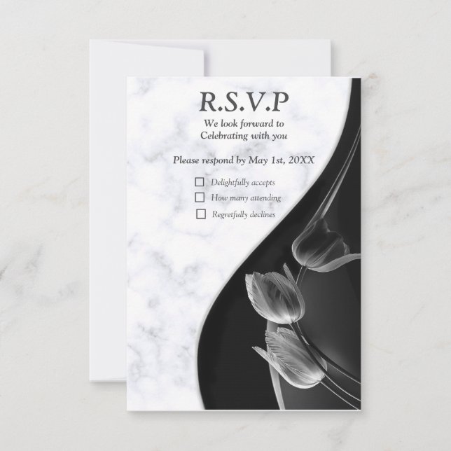 Modern White Marble Black Abstract RSVP Card (Front)