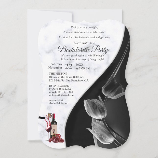 Modern White Marble & Black  Bachelorette Party Invitation (Front)
