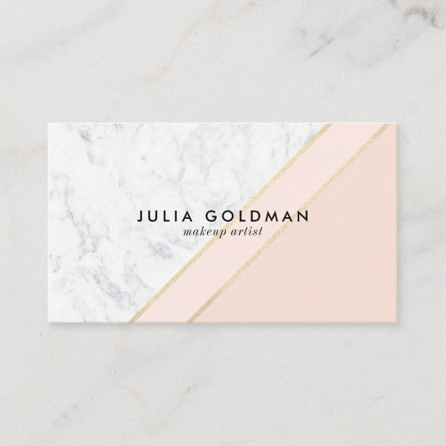 Modern white marble blush pink chic gold geometric business card (Front)