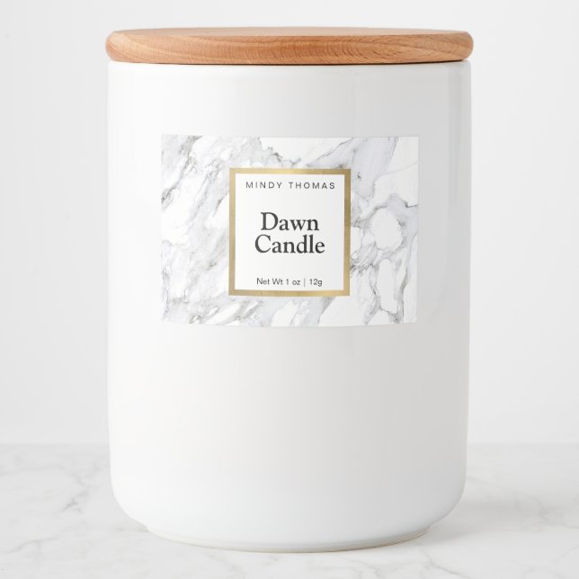 Modern White Marble Faux Gold Frame Candle or Food Label (Front)