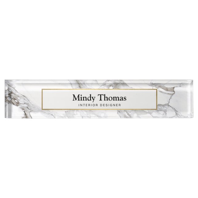 Modern White Marble Faux Gold Frame Nameplate (Front)
