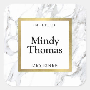 Modern White Marble Faux Gold Frame Square Sticker