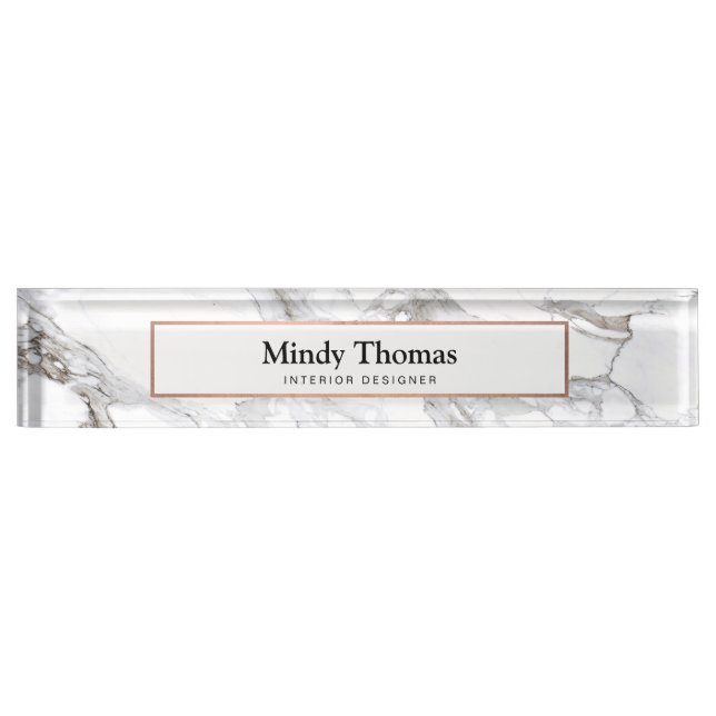 Modern White Marble Faux Rose Gold Frame Nameplate (Front)