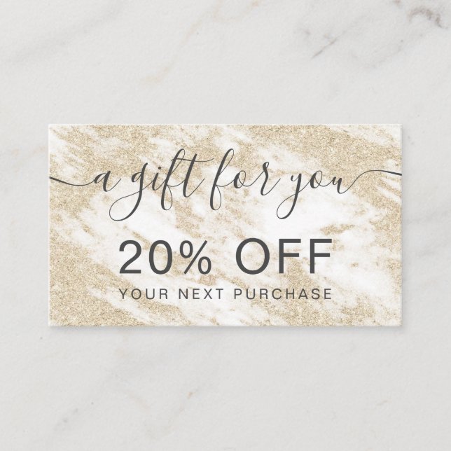 Modern white marble gold glitter typography discount card (Front)