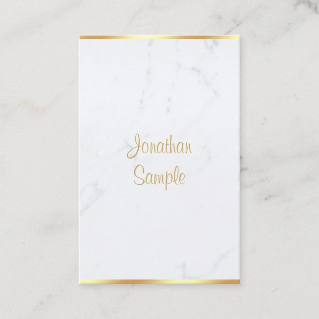 Modern White Marble Gold Handwritten Script Classy Business Card (Front)