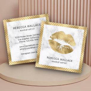 Modern White Marble Gold Lips Makeup Artist Square Business Card