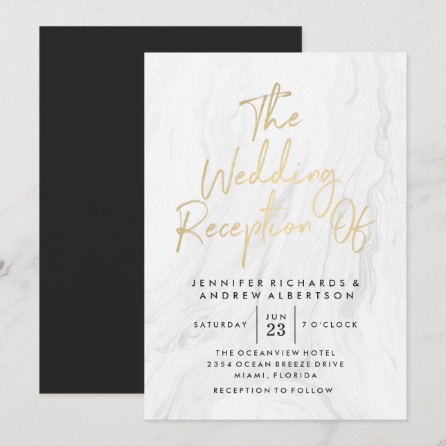 Modern White Marble Gold Script | Wedding Invitation (Front/Back)