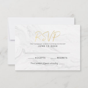 Modern White Marble Gold Script   Wedding RSVP Card