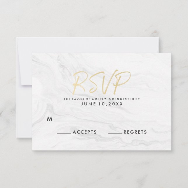 Modern White Marble Gold Script | Wedding RSVP CD Card (Front)