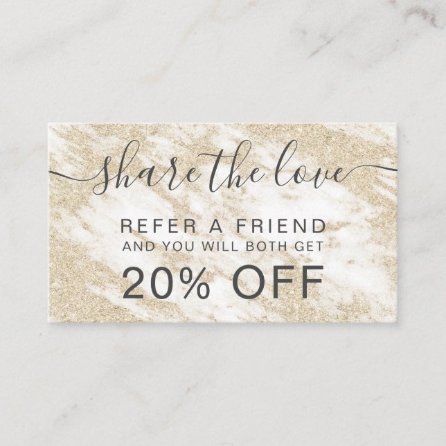 Modern white marble hair makeup gold glitter referral card (Front)