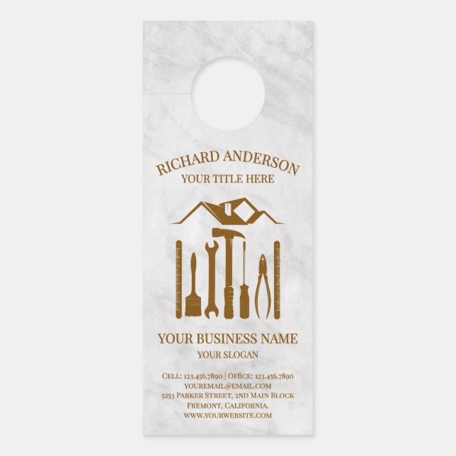 Modern White Marble Handyman Auto Repair Door Hanger (Front)