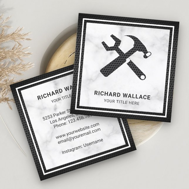 Modern White Marble Handyman Auto Repair Mechanic Square Business Card (Creator Uploaded)