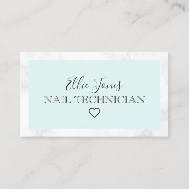 Modern white marble & mint green nail technician business card (Front)