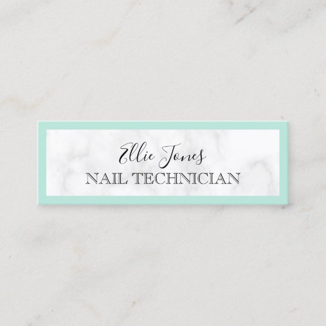 Modern white marble & mint green nail technician mini business card (Front)