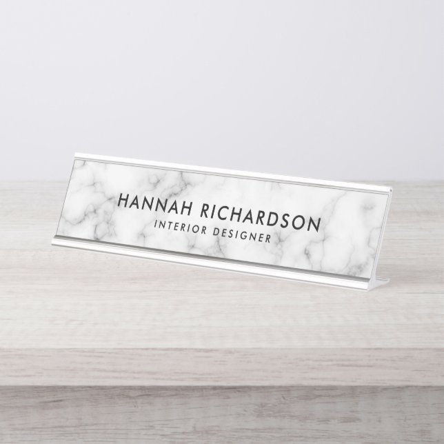 Modern White Marble | Personalised Desk Name Plate (Front)