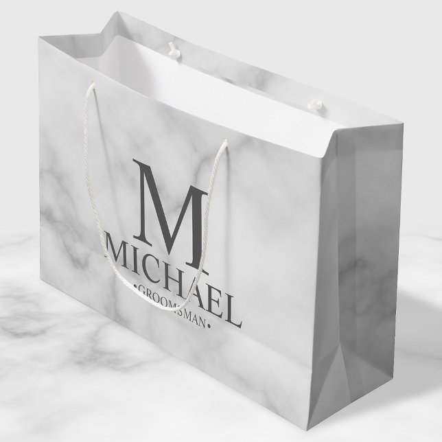 Modern White Marble Personalised Groomsman Large Gift Bag (Creator Uploaded)