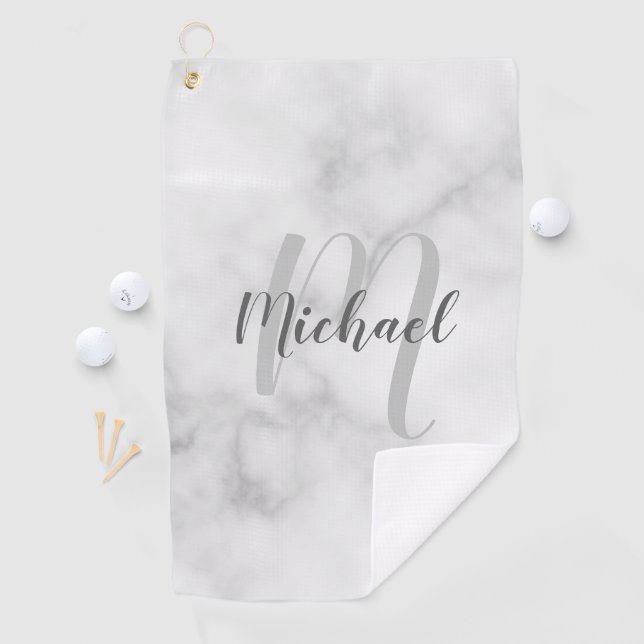 Modern White Marble Personalised Monogram & Name Golf Towel (InSitu)