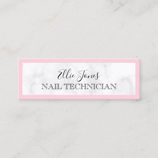 Modern white marble & pink nail technician mini business card (Front)