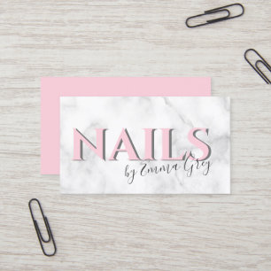 Modern white marble & pink typography nails business card