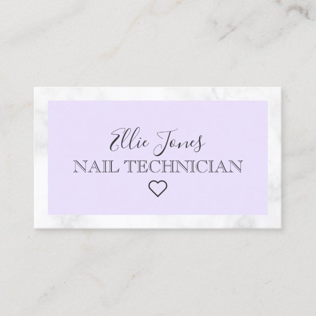 Modern white marble & purple nail technician business card (Front)