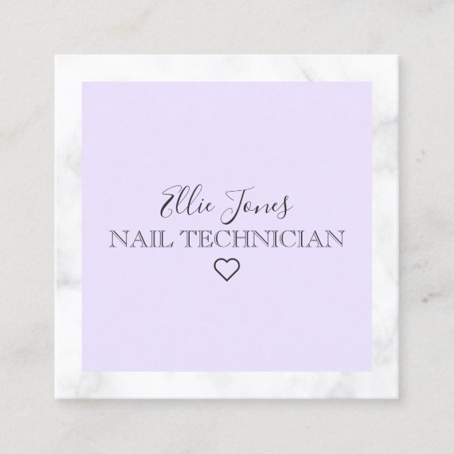Modern white marble & purple nail technician square business card (Front)