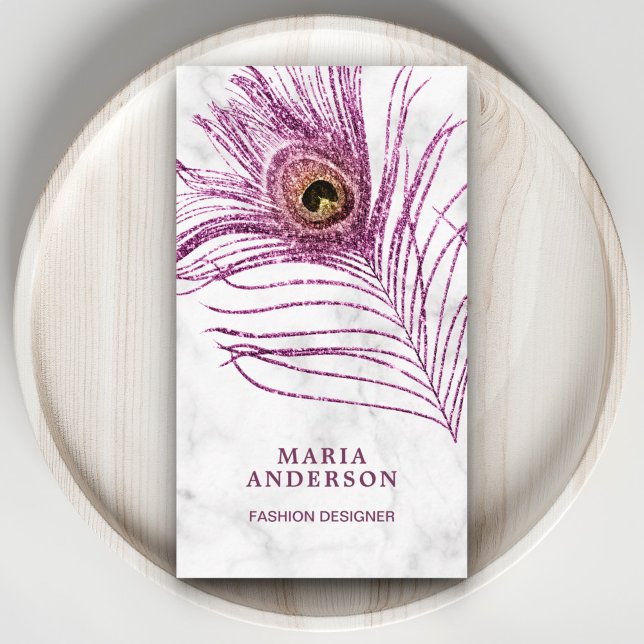 Modern White Marble Purple Peacock Feather Business Card (Creator Uploaded)