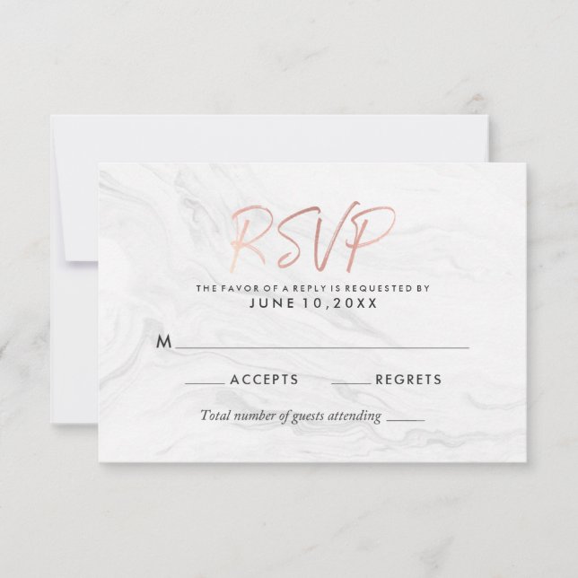 Modern White Marble Rose Gold Script Wedding RSVP (Front)