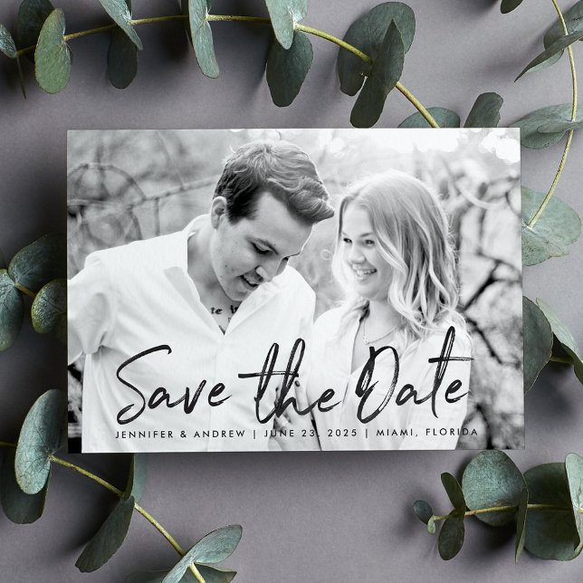 Modern White Marble Script Photo Save The Date (Creator Uploaded)