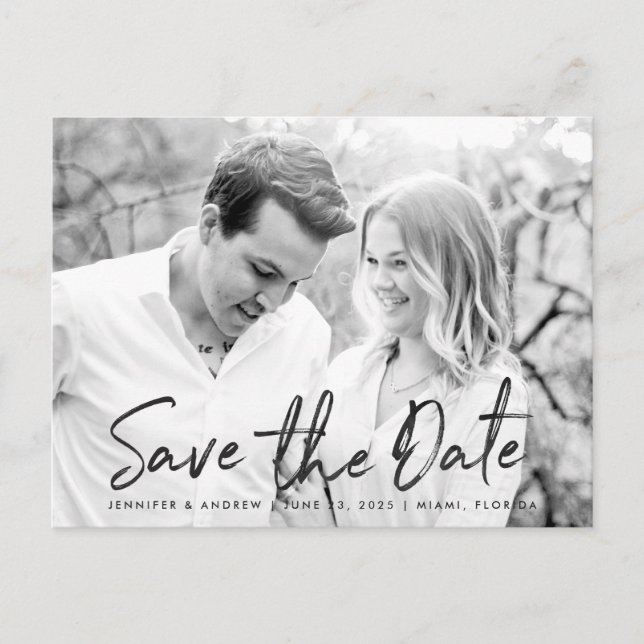 Modern White Marble Script | Save The Date Announcement Postcard (Front)