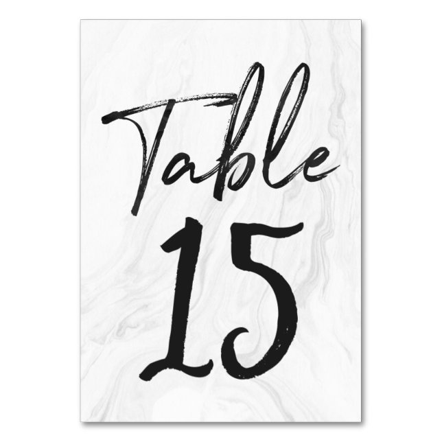 Modern White Marble Script | Table Number Card 15 (Front)