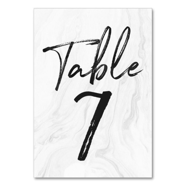 Modern White Marble Script | Table Number Card 7 (Front)