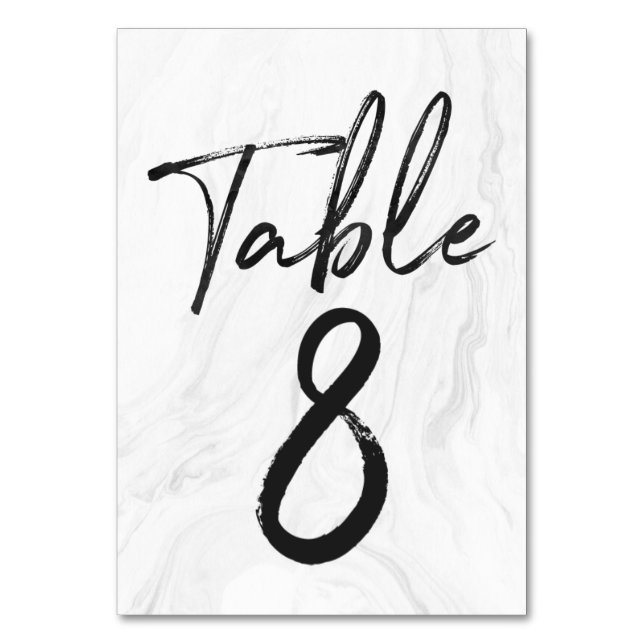 Modern White Marble Script | Table Number Card 8 (Front)