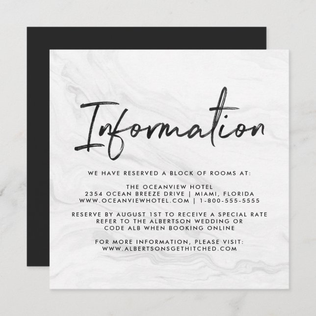 Modern White Marble Script | Wedding Information Invitation (Front/Back)