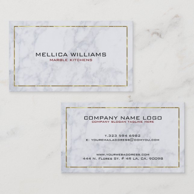 Modern White Marble & Shiny Gold Border Business Card (Front/Back)