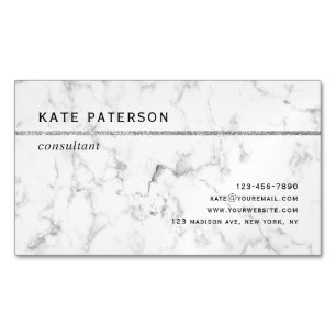 Modern White Marble Silver Glitter Stripe Magnetic Business Card