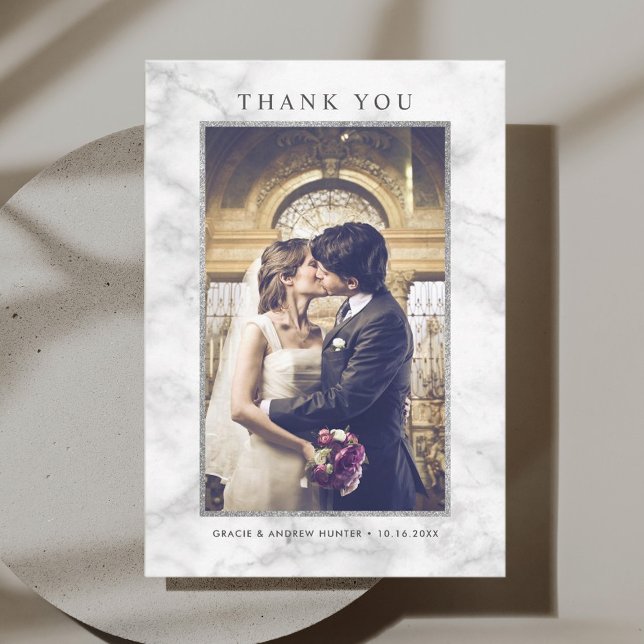 Modern White Marble Silver Glitter Thank You Card (Creator Uploaded)